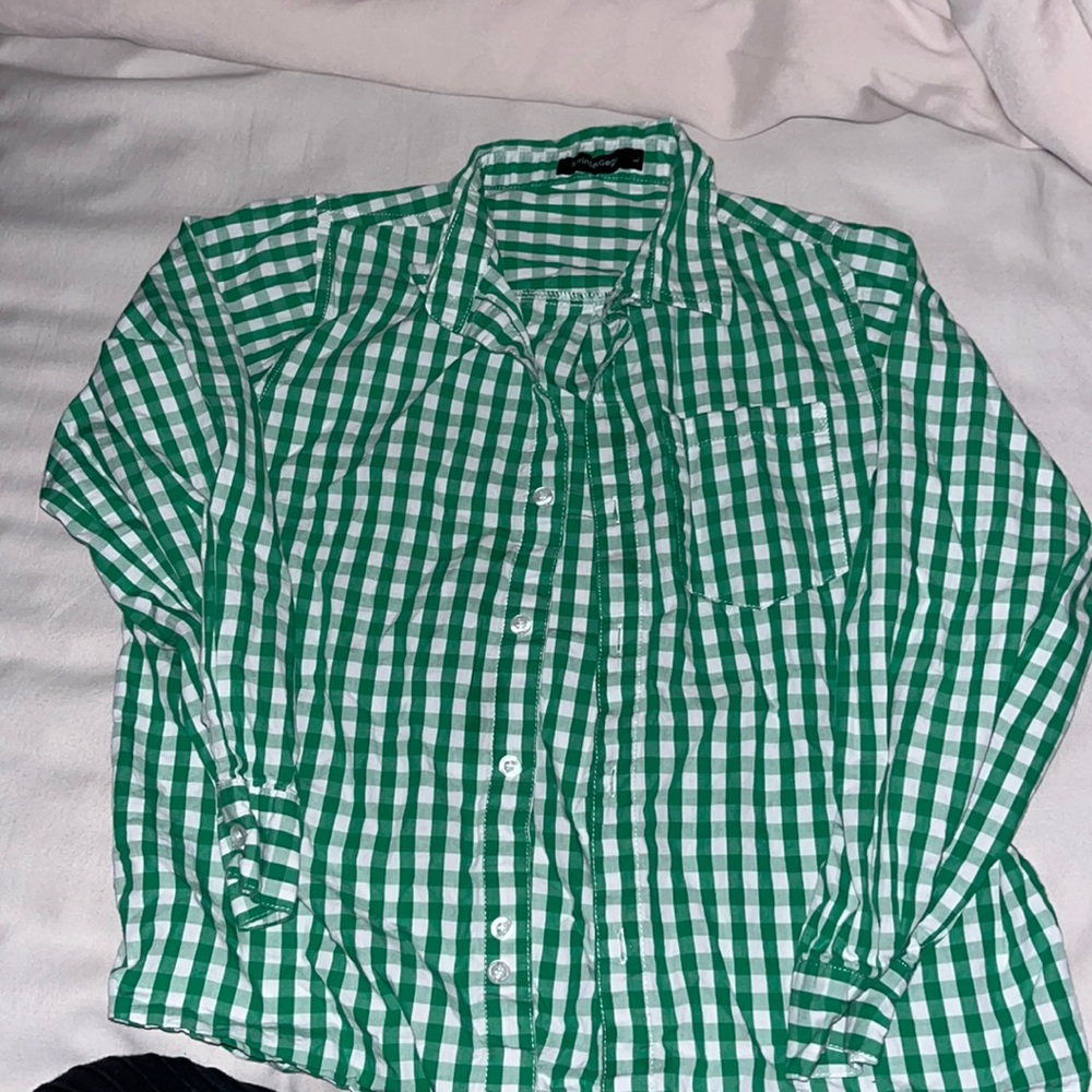 Green and White Check Button Down